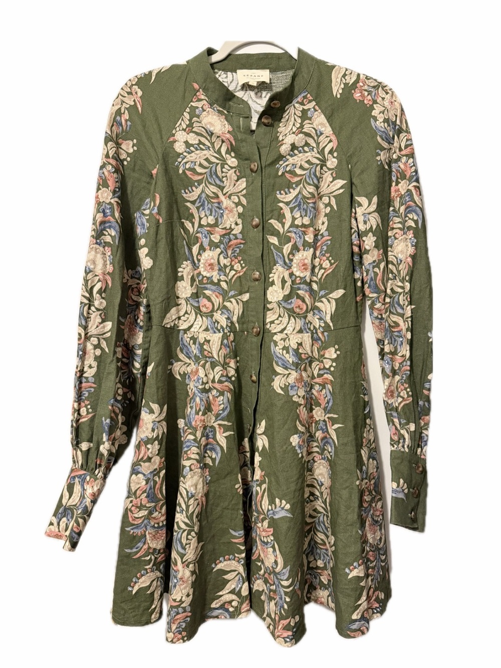 Sézan Caprese Olive Green Floral Button-Front Linen Dress